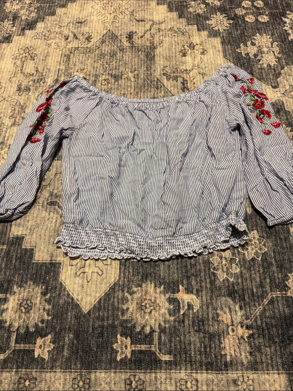 Hollister Blue & White Striped Off-Shoulder Blouse with Red Floral Embroidery